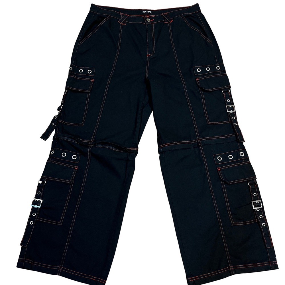 Hot Topic Black Red Contrast Stitch Grommet Strap Zip Off Carpenter Pants 18 Emo